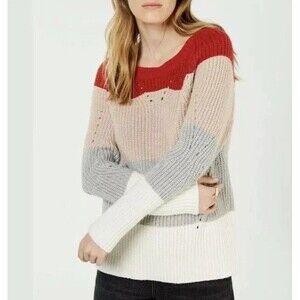 Lucky Brand Women XL Colorblock Pointelle Chunky Knit Long Sleeve Sweater